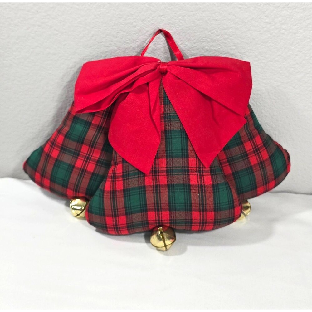 Vintage Handmade Holiday Plaid Christmas 3 Jingle Bells Door Wall Hanger cottage